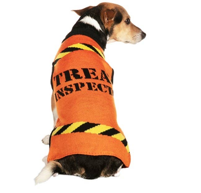 Orange sweater with the words &quot;treat inspector&quot; and two lines of yellow tape design