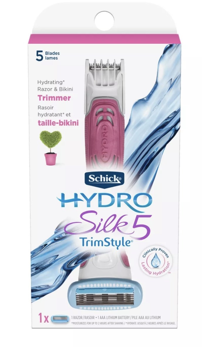 The pink razor is in a white package that says &quot;Schick HYDRO Silk 5 TrimStyle&quot; and has pink detailing and a large flow of blue water running diagonally