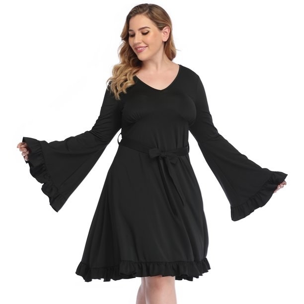 A black dress with bell sleeves