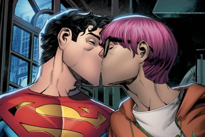 Comic book panel of Jon Kent and his friend Jay kissing