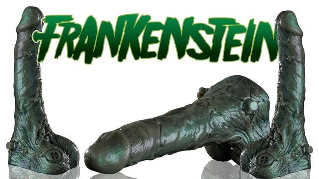 Green Frankenstein-inspired dildos shown at different angles