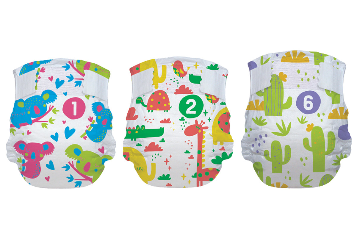 Comforts diapers with different animal and cactus patterns