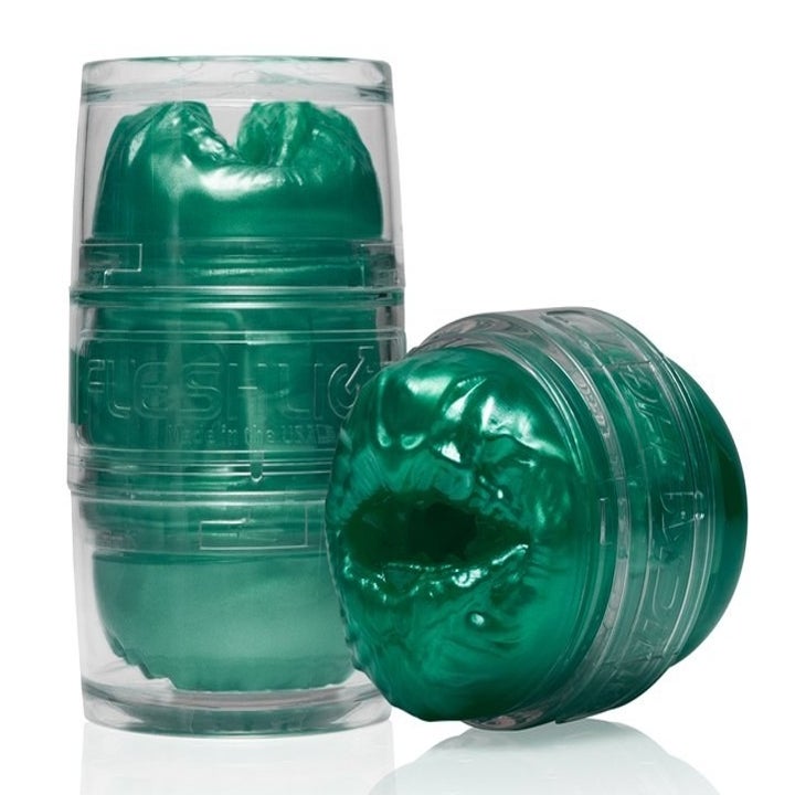 Green alien open-ended masturbator shown from two angles