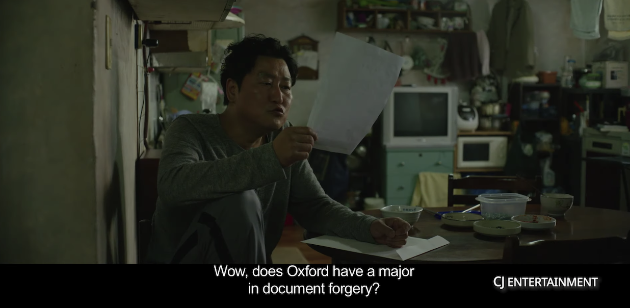 A character in Parasite says, wow, does Oxford have a major in document forgery?