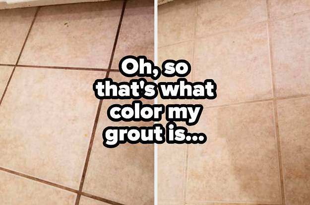 dirty then clean grout with text "oh so that's what color my grout is"