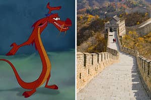 Mushu is holding his hands up on the left with The Great Wall of China on the right