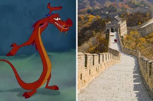 Mushu is holding his hands up on the left with The Great Wall of China on the right