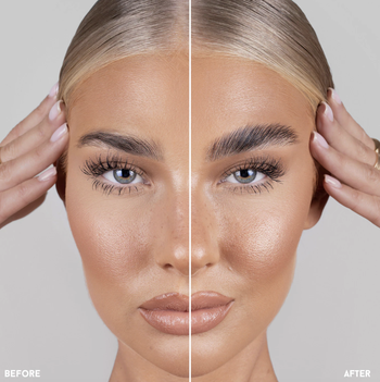 model showing before and after using the gel with the after displaying a laminated eyebrow effect
