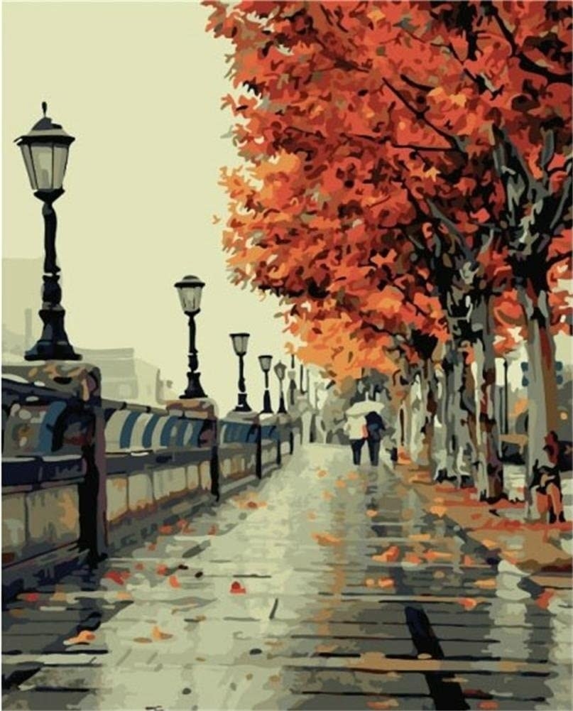 Painted scene of a couple walking along a rainy fall path