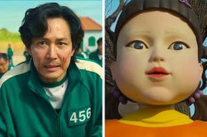 Left: A close up of Gi-hun; Right: A close up of the Red Light, Green Light doll