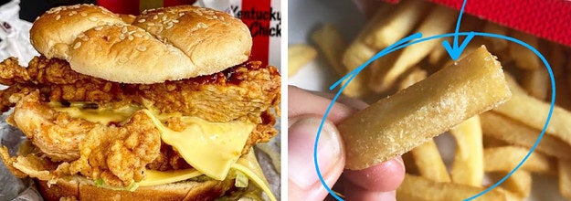 Left: A KFC burger; Right: A hand holding a chip from KFC