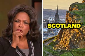 On the left, Oprah furrowing her brows in confusion, and on the right, beautiful cliffs overlooking a city at sunset labeled Scotland