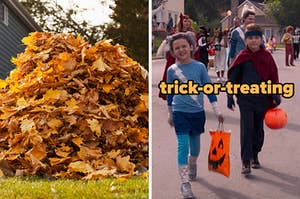 On the left, a pile of fall leaves, and on the right, Billy and Tommy from WandaVision holding trick-or-treat bags and walking down the street of the neighborhood