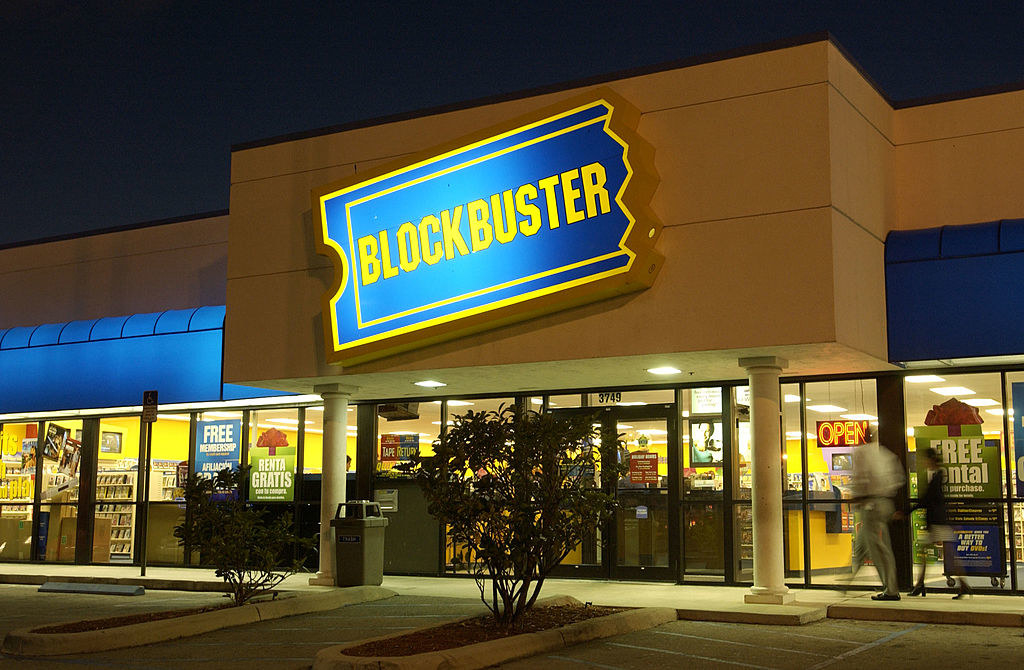 Exterior of Blockbuster at night