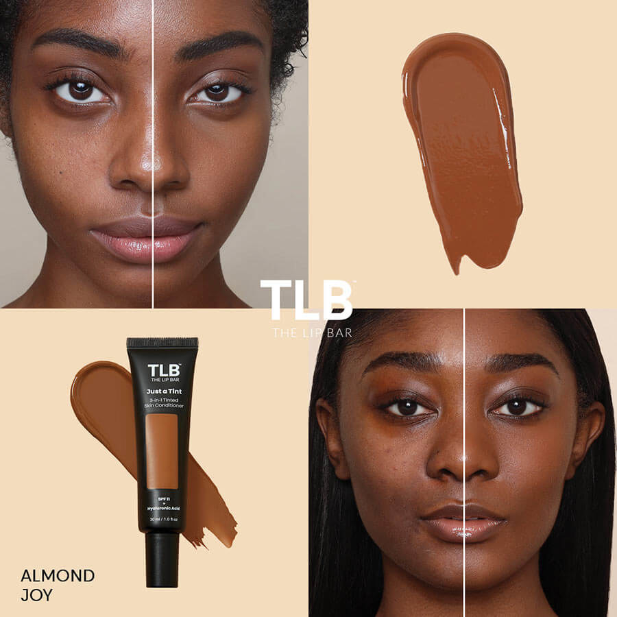 before and afters of two models with deep brown skin wearing the foundation
