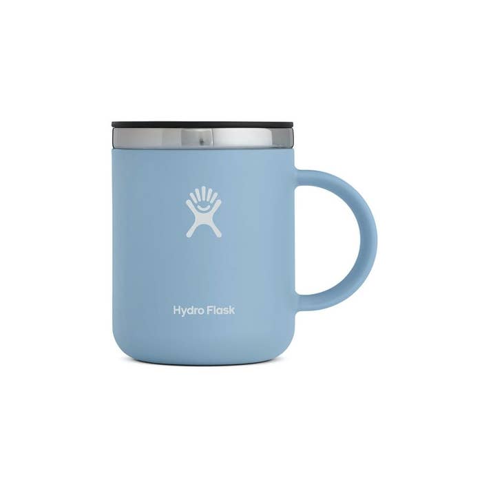 An insulated blue mug.