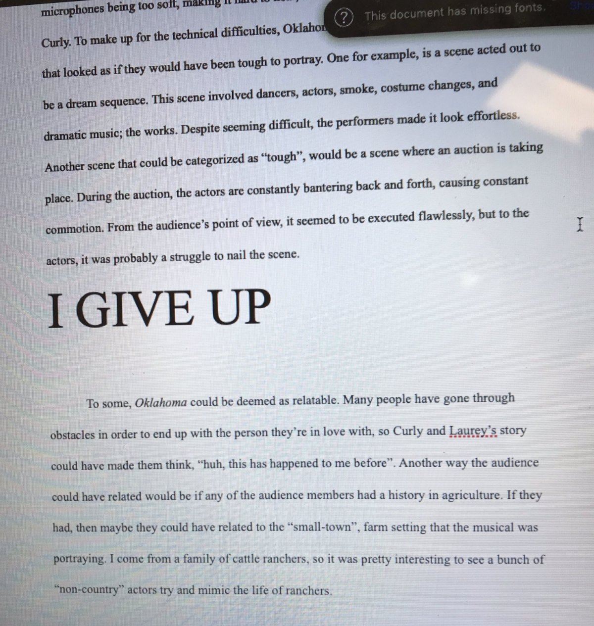The essay with i give up written on it
