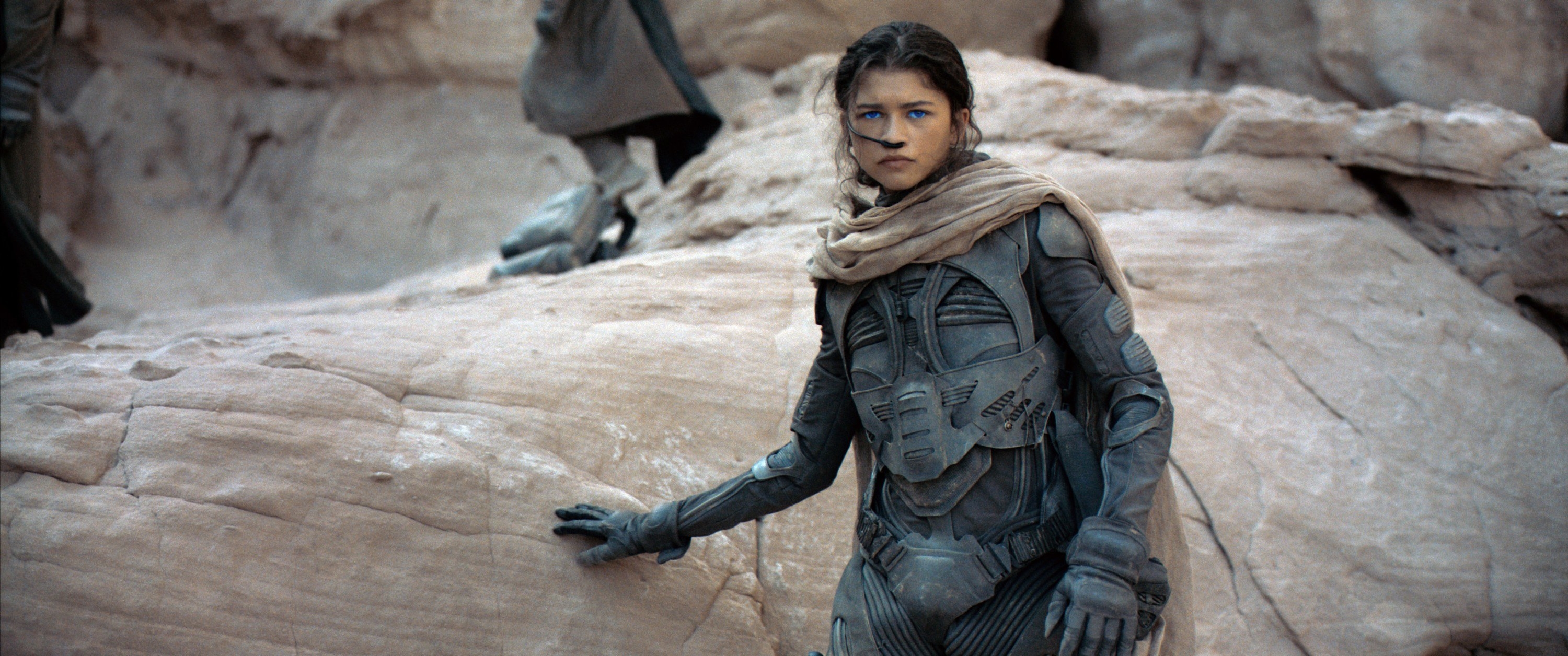 Zendaya as Chani, wearing a Fremen survival suit standing by some rocks