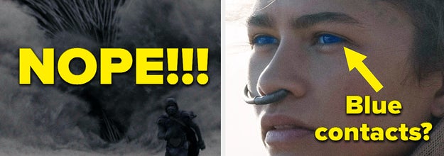 A person running from a sandworm, and a close up of Zendaya with blue eyes