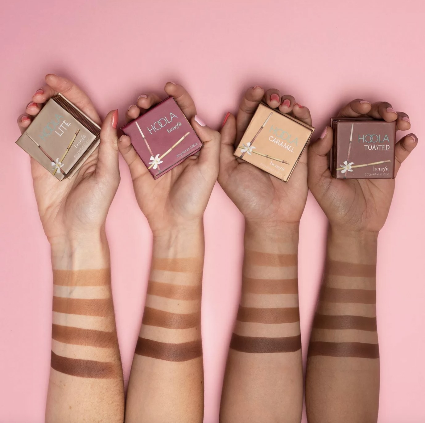 A set of hand in different skin tones with bronzer swatches