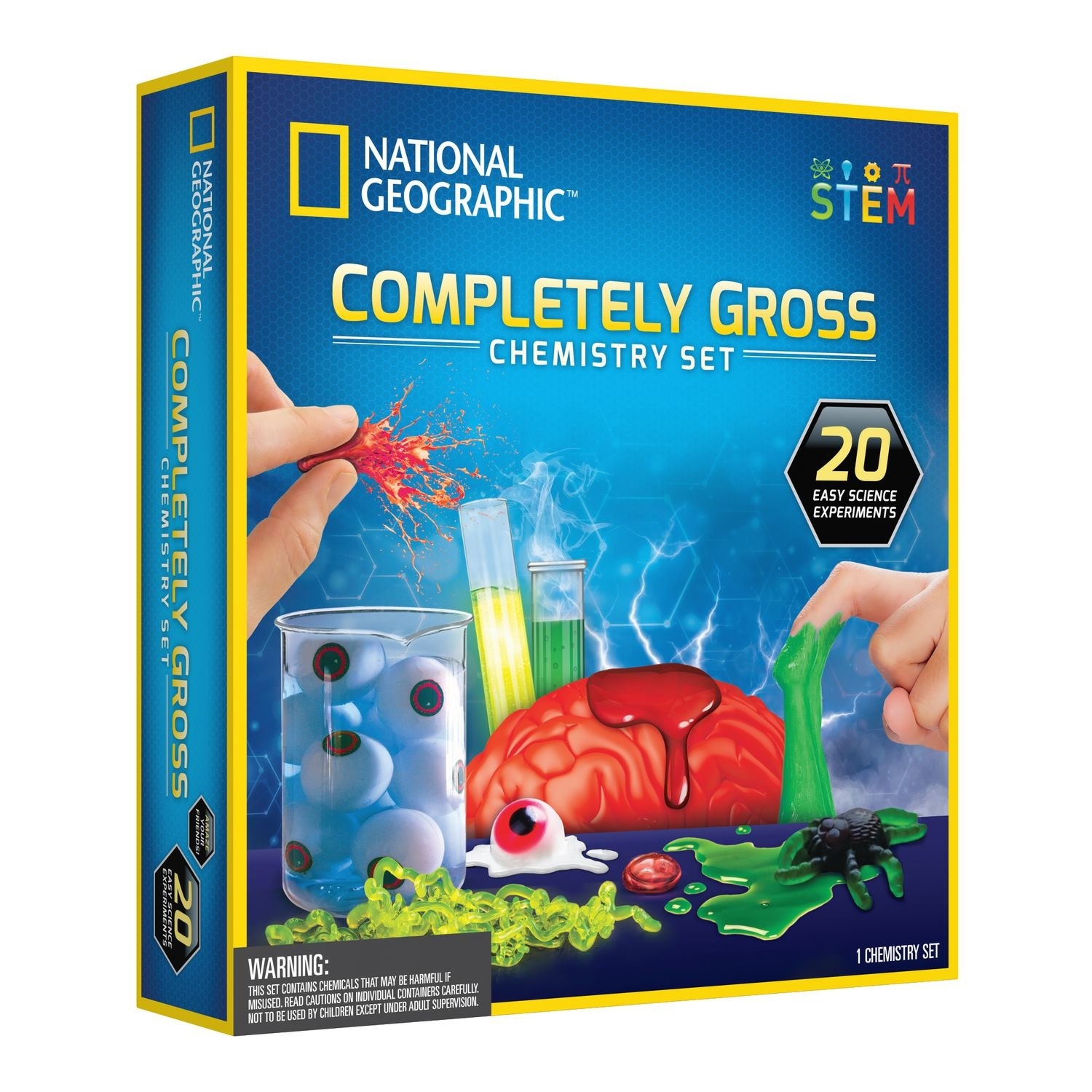 the cover of the box of the set with eyeballs in beakers and a brain