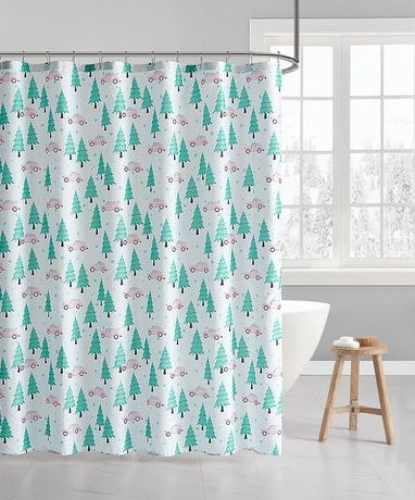 shower curtain with trucks and trees