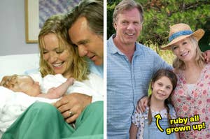 Left: Julie and Dave Rafter smiling at their newly born baby; Right: Julie and Dave Rafter with their daughter who is all grown up