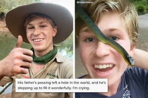 Left: Robert Irwin doing a thumbs up; Right: Robert Irwin smiling as a small snake slithers over his face