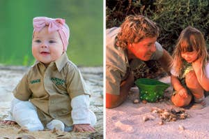 Left: Bindi Irwin's daughter Grace smiling; Right: Steve Irwin and Bindi as a child playing together at the beach