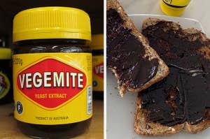 Left: Jar of Vegemite; Right: Two pieces of toast covered with a thick layer of Vegemite