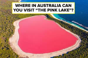A picture of the pink lake, otherwise known as Lake Hillier; there is a question asking "Where in Australia can you visit the pink lake?"