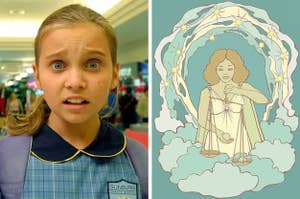 Left: Taylor from Mortified with a confused expression on her face; Right: A woman balancing scales to represent the Libra star sign