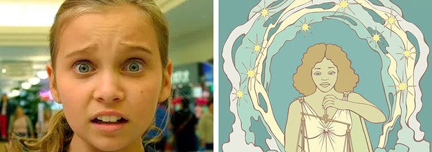 Left: Taylor from Mortified with a confused expression on her face; Right: A woman balancing scales to represent the Libra star sign