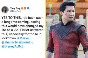 Left: A tweet asking Disney to put Shang-Chi on streaming services so that Australians can watch it while in lockdown; Right: Simu Liu as Shang-Chi