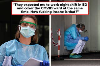 Left: A nurse dressed in PPE; Right: A nurse sitting down and taking a break; they look exhausted