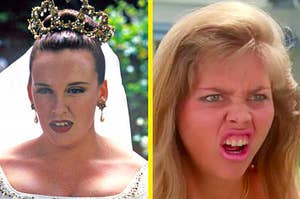 Left: Muriel in a wedding dress and wearing a veil; Right: Tania Degano with her mouth open in disgust