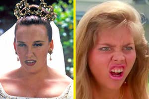 Left: Muriel in a wedding dress and wearing a veil; Right: Tania Degano with her mouth open in disgust