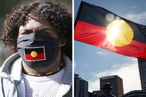 Left: A protester wears a face mask depicting the Aboriginal flag; Right: The Aboriginal Flag being waved around during a protest