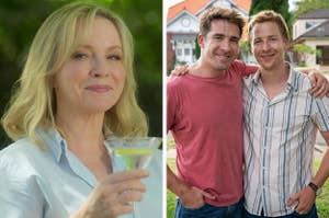 Left: Rebecca Gibney holding a cocktail glass and smiling; Right: Hugh Sheridan and Angus McLaren smiling and posing for a photo together
