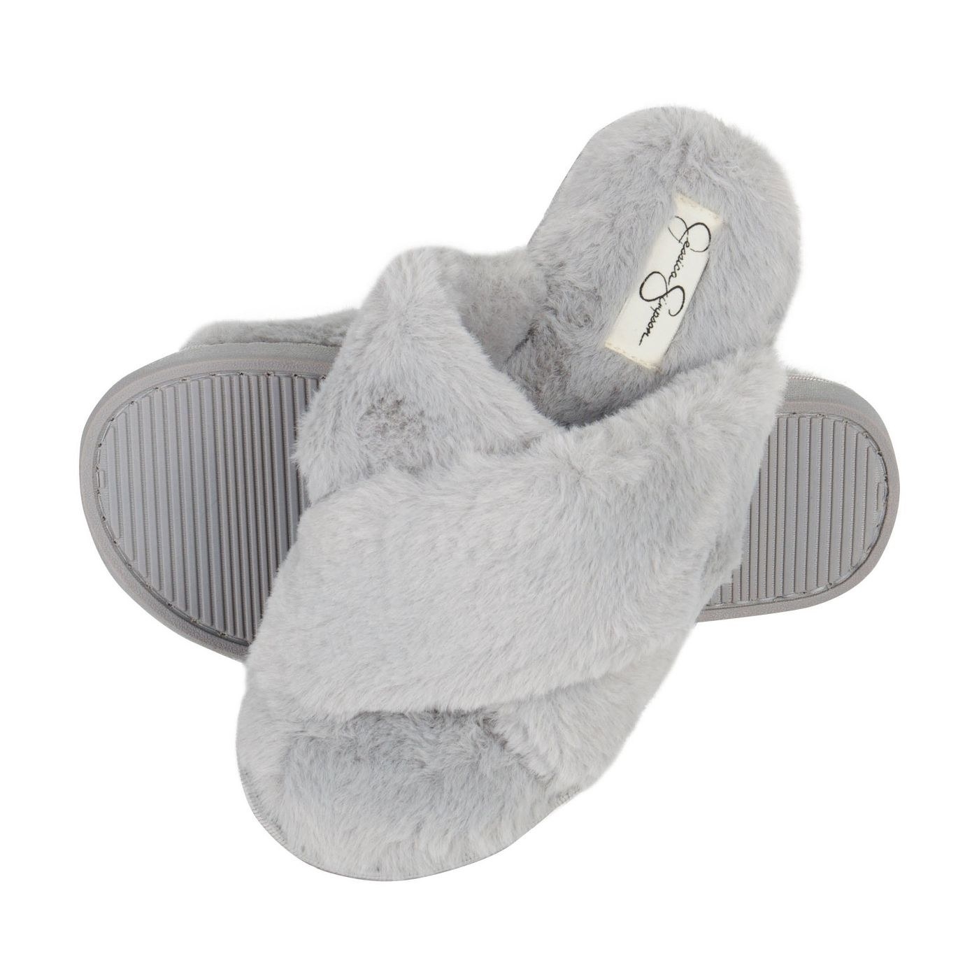 The grey pair of Jessica Simpson cross-band plush slide slippers