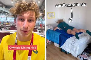 Left: Sam Fricker in a TikTok video about the Olympic dining hall; Right: Emily Seebohm jumping on her cardboard bed in Tokyo