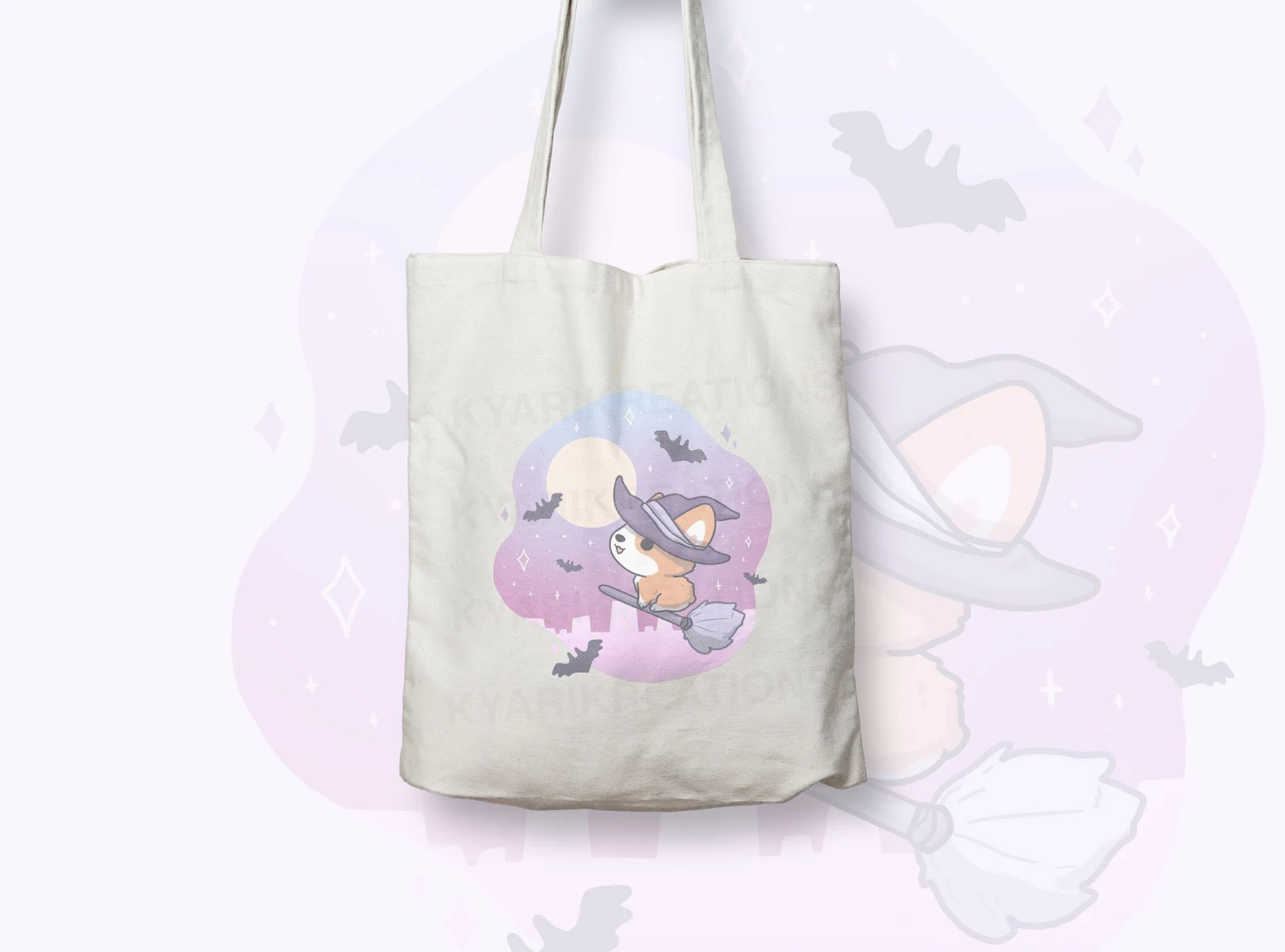 Cute corgi with witch hat flying in a blue-purple-pink gradient sky with bat friends