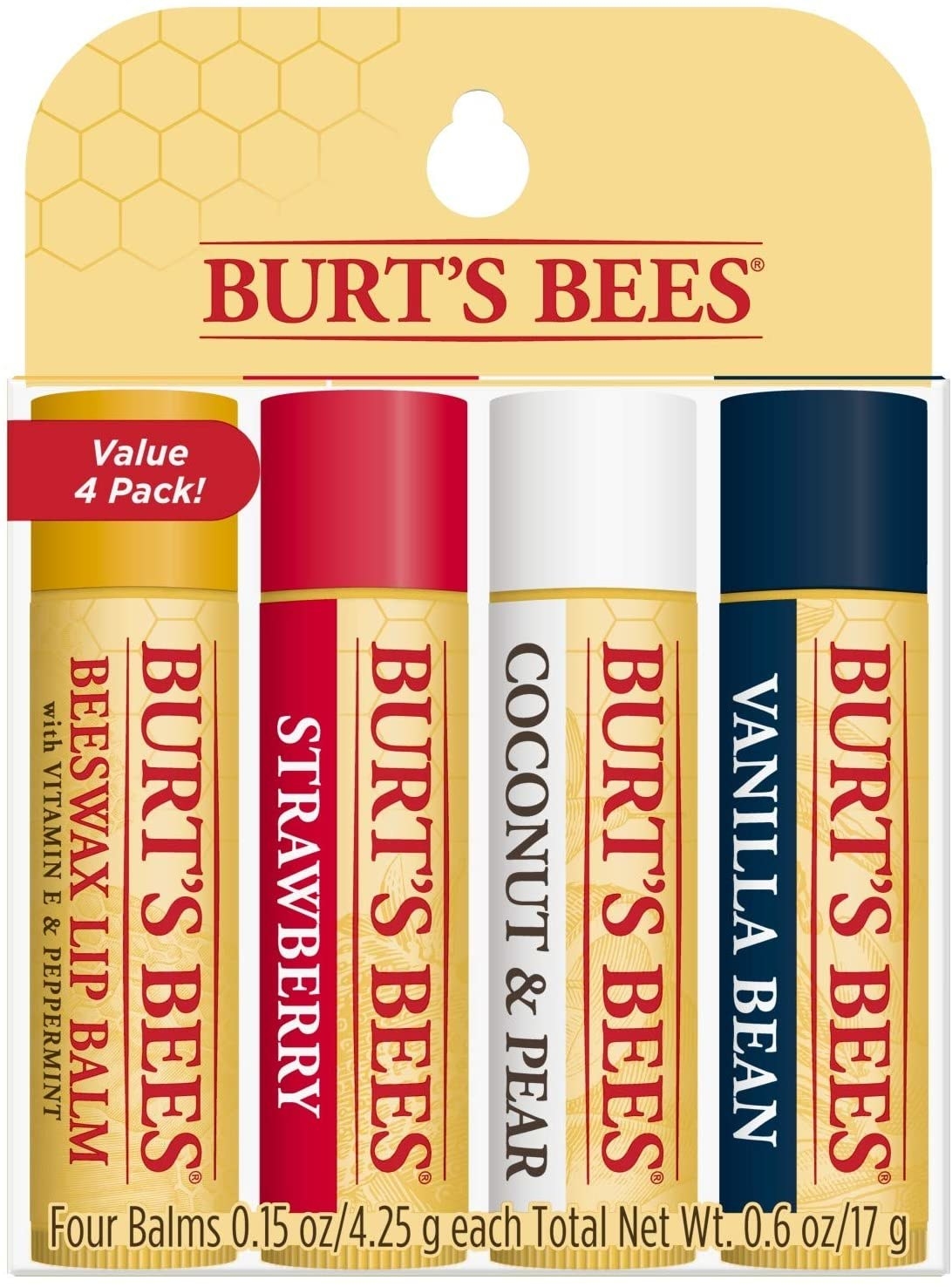cuatro bálsamos labiales hidratantes en cera de abejas, fresa, coco y pera, y vainilla