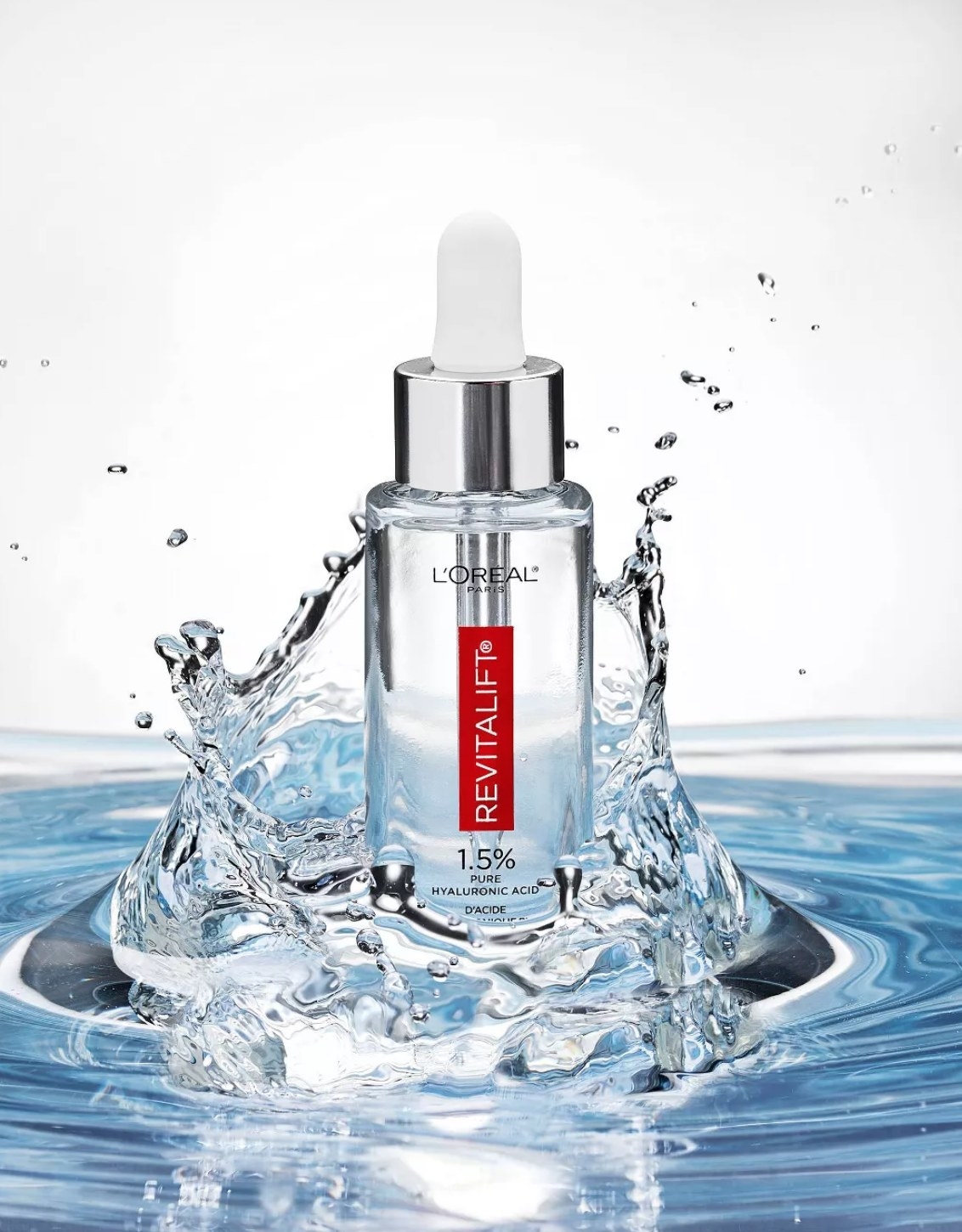 the bottle of serum in water with droplets spalshing upwards