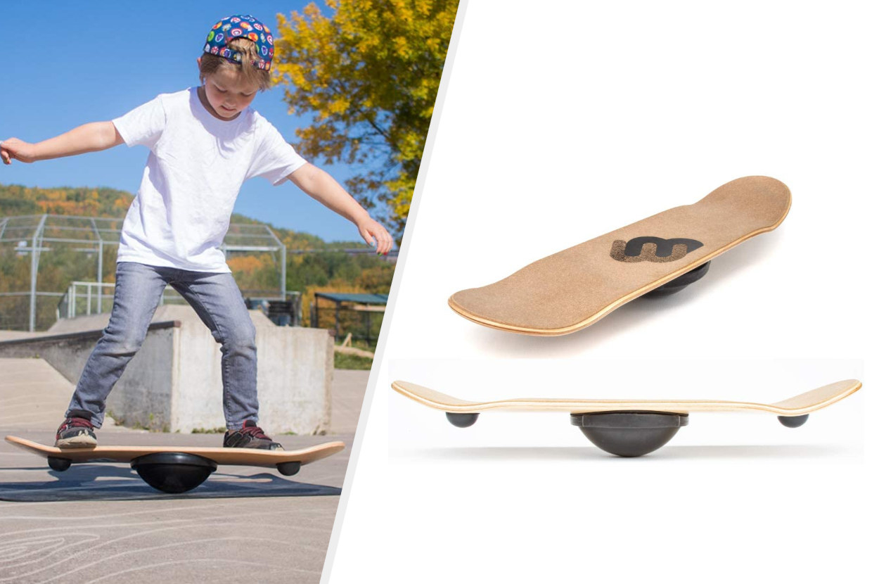Split image of child model balancing on board juxtaposed with top and side views of wooden board