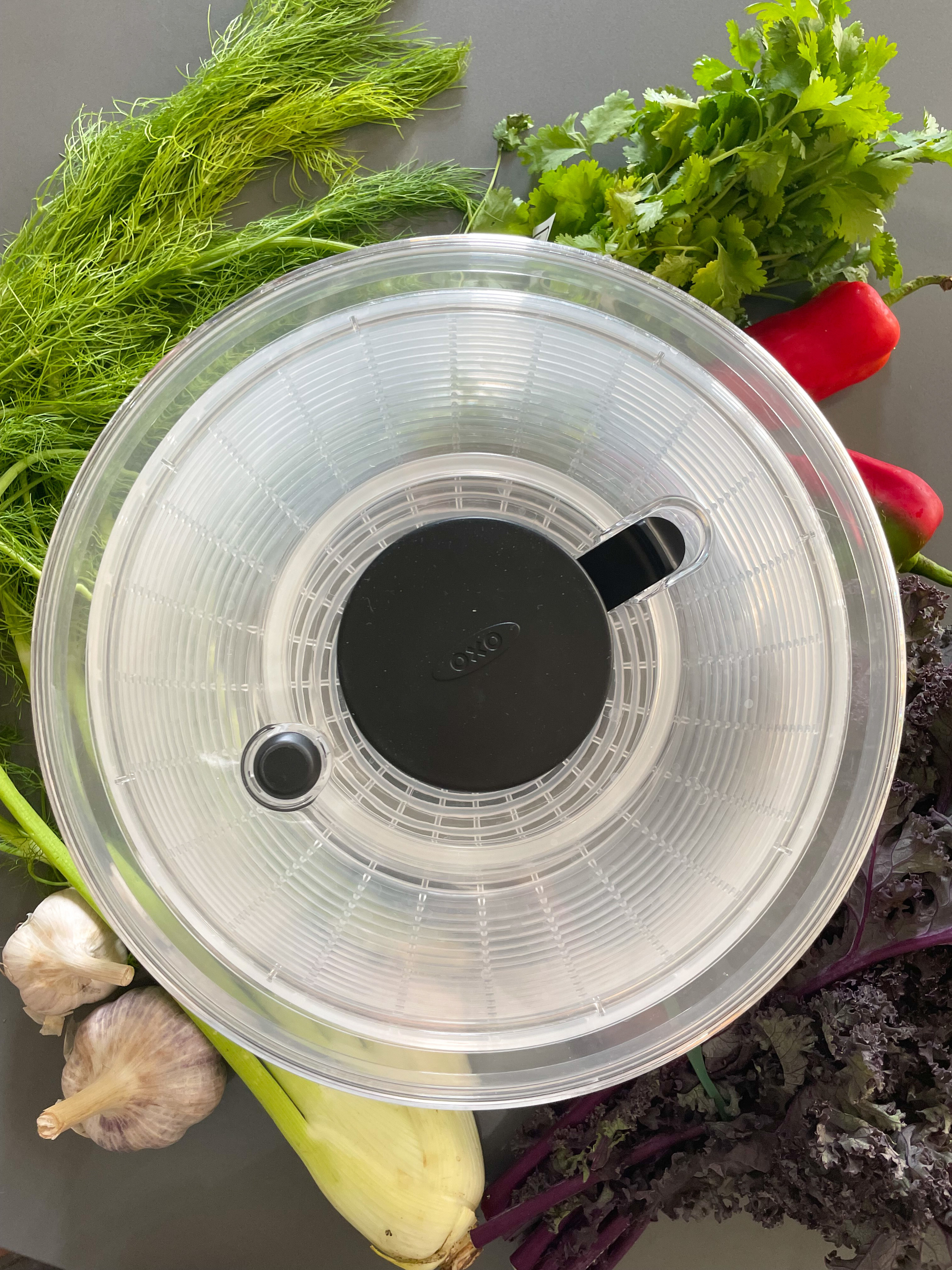 a top-down view of the salad spinner surrounded by fresh veggies