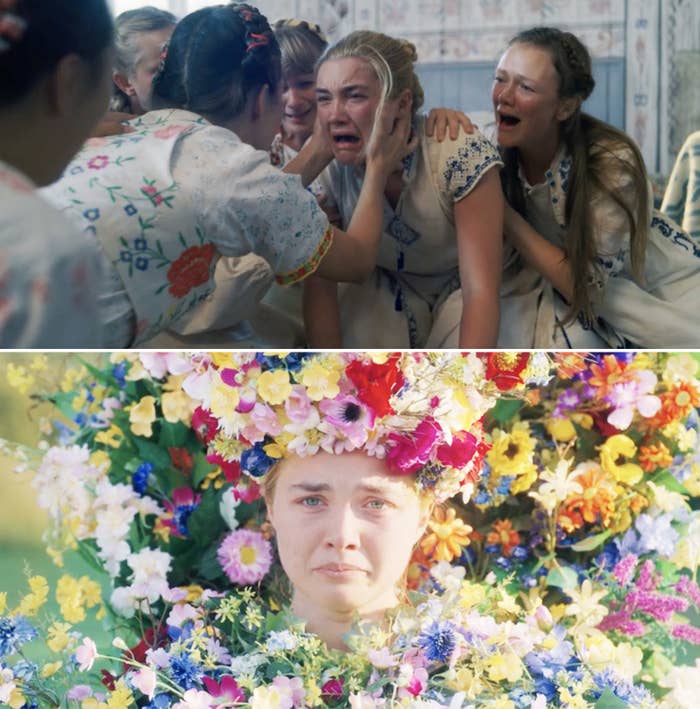 Florence Pugh as Dani in Midsommar crying and wearing her flower outfit