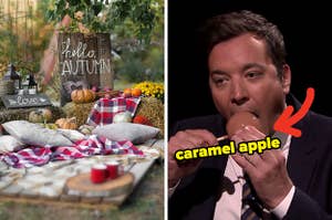 On the left, a picnic blanket on the ground surrounded by various little pumpkins and a sign that says hello autumn, and on the right, Jimmy Fallon eating a caramel apple with an arrow pointing to it
