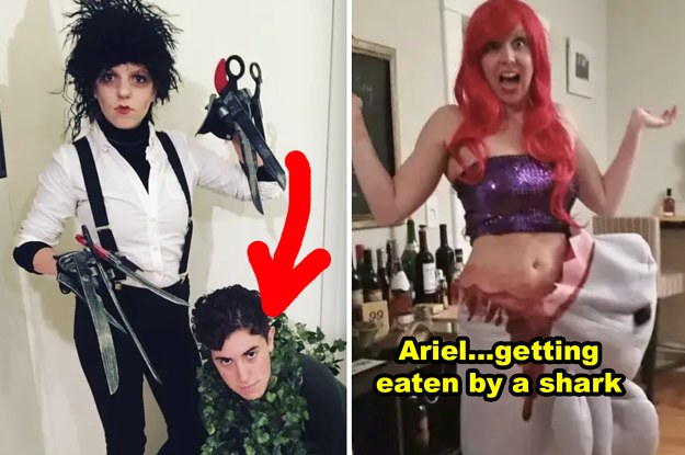 Someone as a bush next to Edward Scissorhands and another as Ariel getting eaten by a fake shark