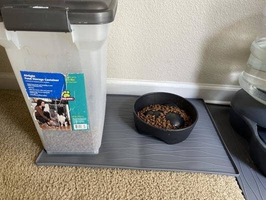 a grey silicone mat successful the signifier of a rectangle nether a nutrient bowl